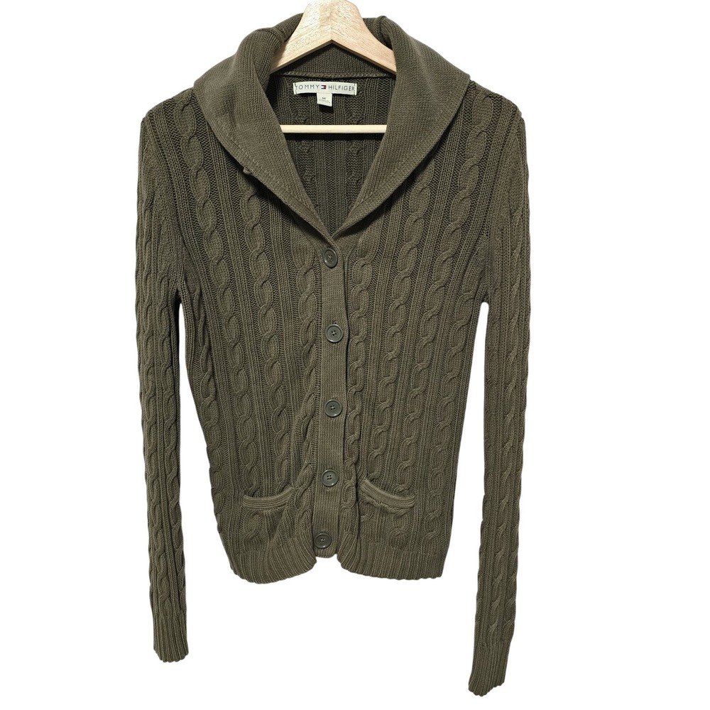 Tommy Hilfiger Green Cable Knit Cardigan Womens Medium Academia Cottagecore OD